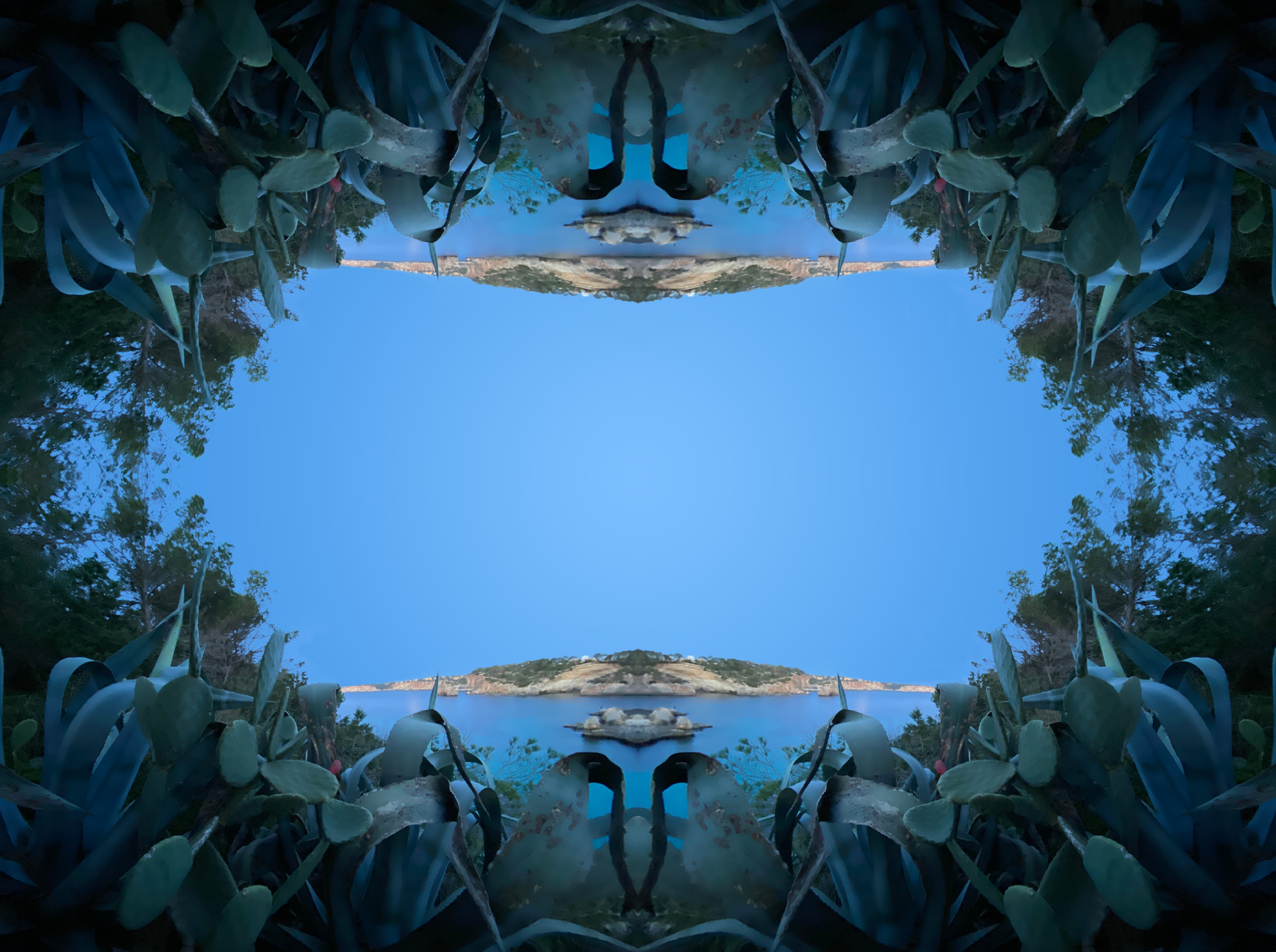 Coastal vegetation and sea reflected around a central expanse of blue sky