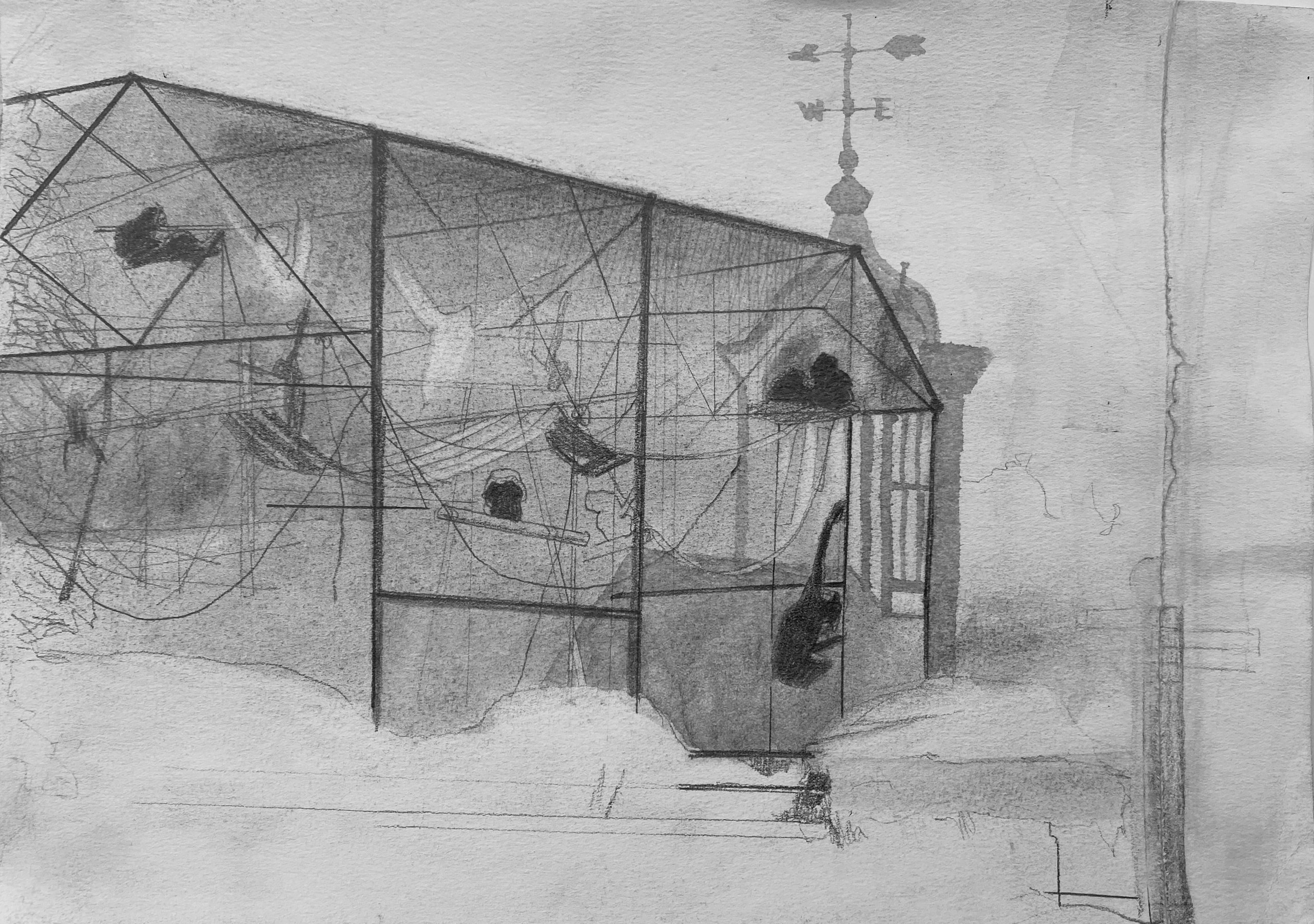 Drawing of a wire aviary with perched birds, hanging curved lines and a weather vane