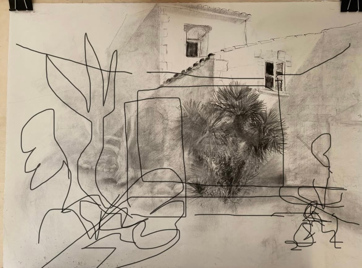A drawing of courtyard buildings and foliage overlaid with bold wandering outlines
