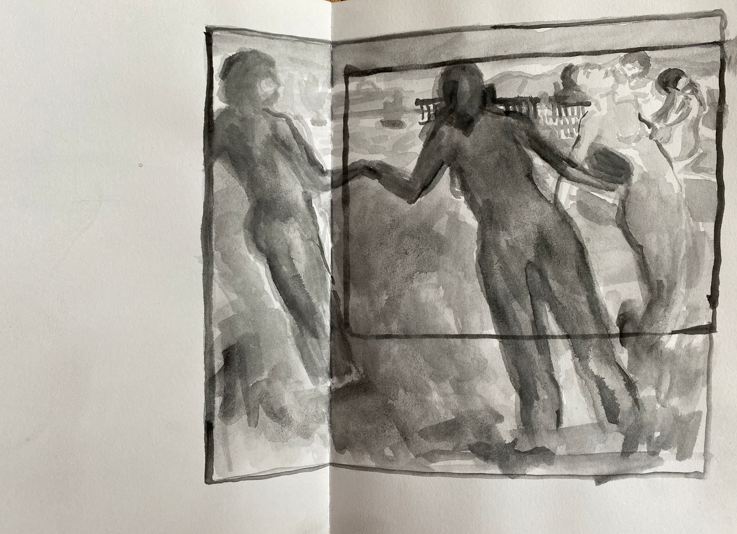 Grey wash drawing of figures with outstretched arms, overlaid with a dark rectangular outline