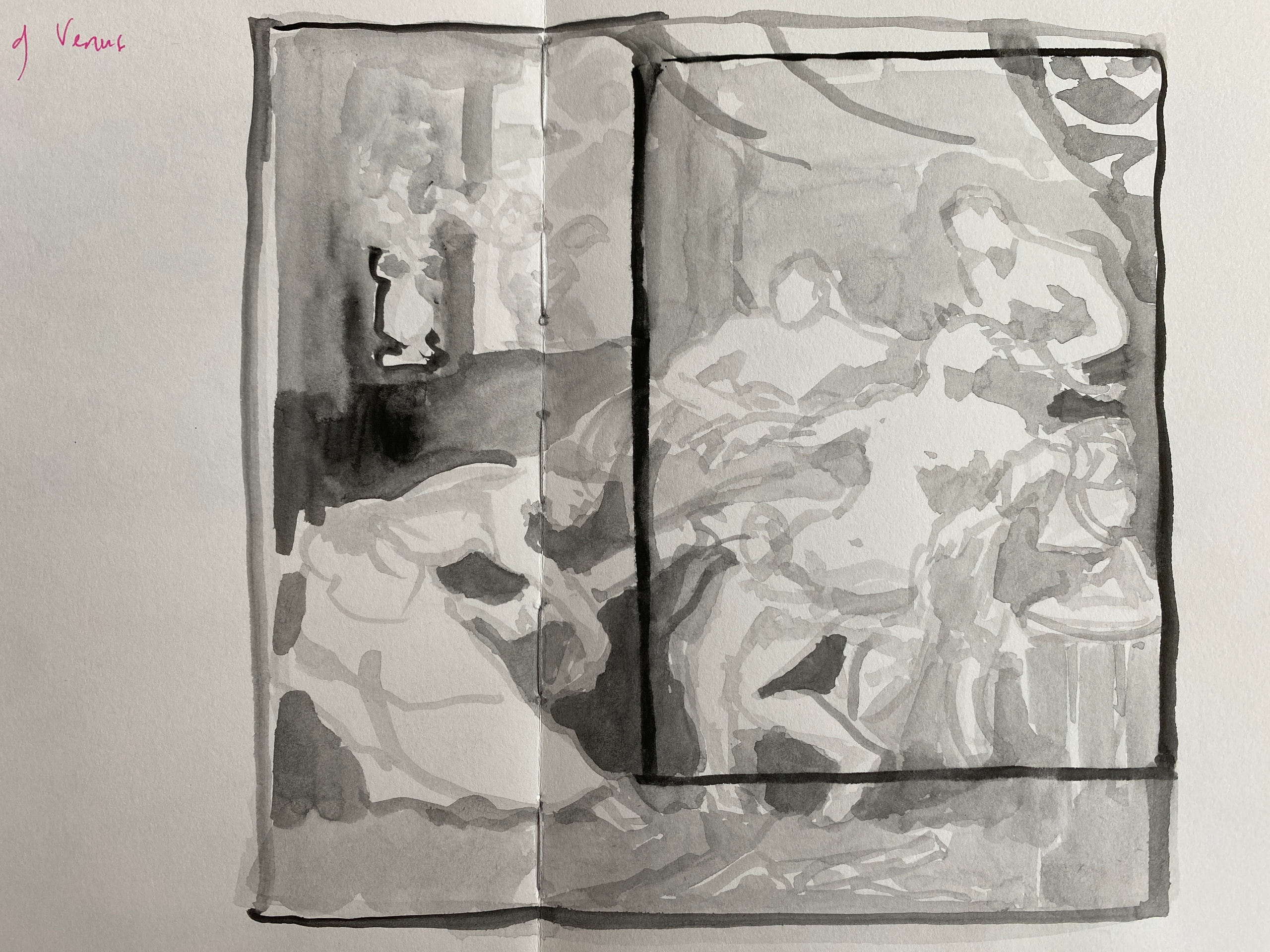 Grey wash study of figures in an interior, crossed by overlapping dark rectangular outlines