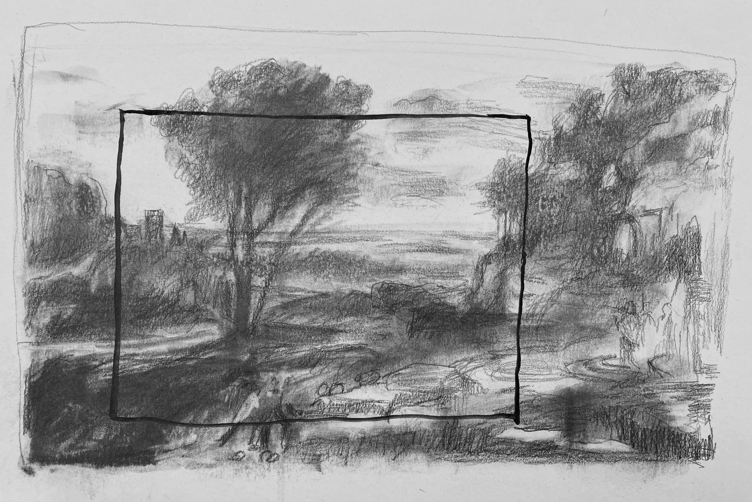 Monochrome landscape drawing with trees, a distant horizon and a bold rectangular outline