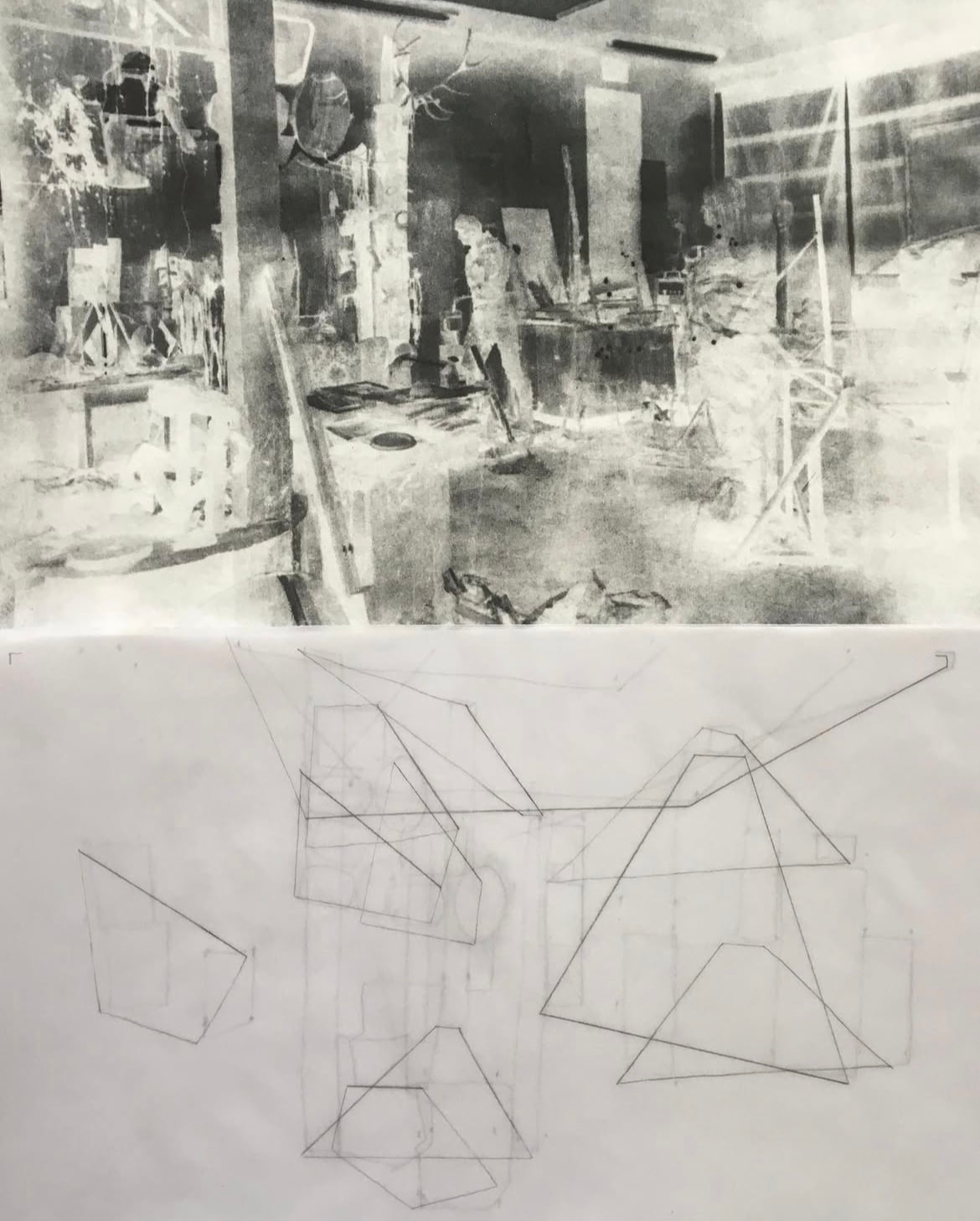 A monochrome studio interior above a drawing of overlapping angular outlines