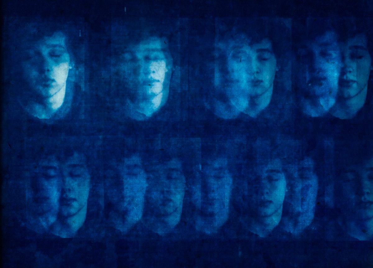 Cyanotype on mulberry paper displayed on a lightbox by Laura Ellenberger