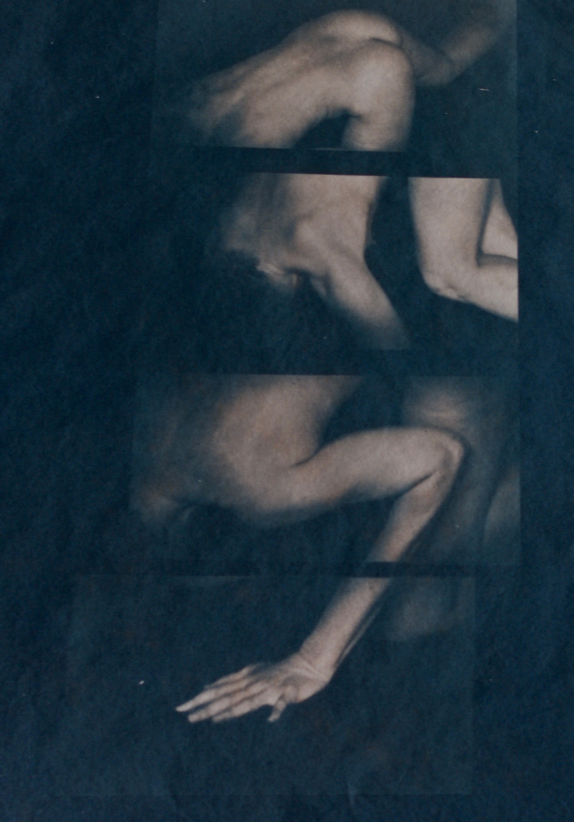 A layered blue-toned figure with bent limbs and an outstretched hand