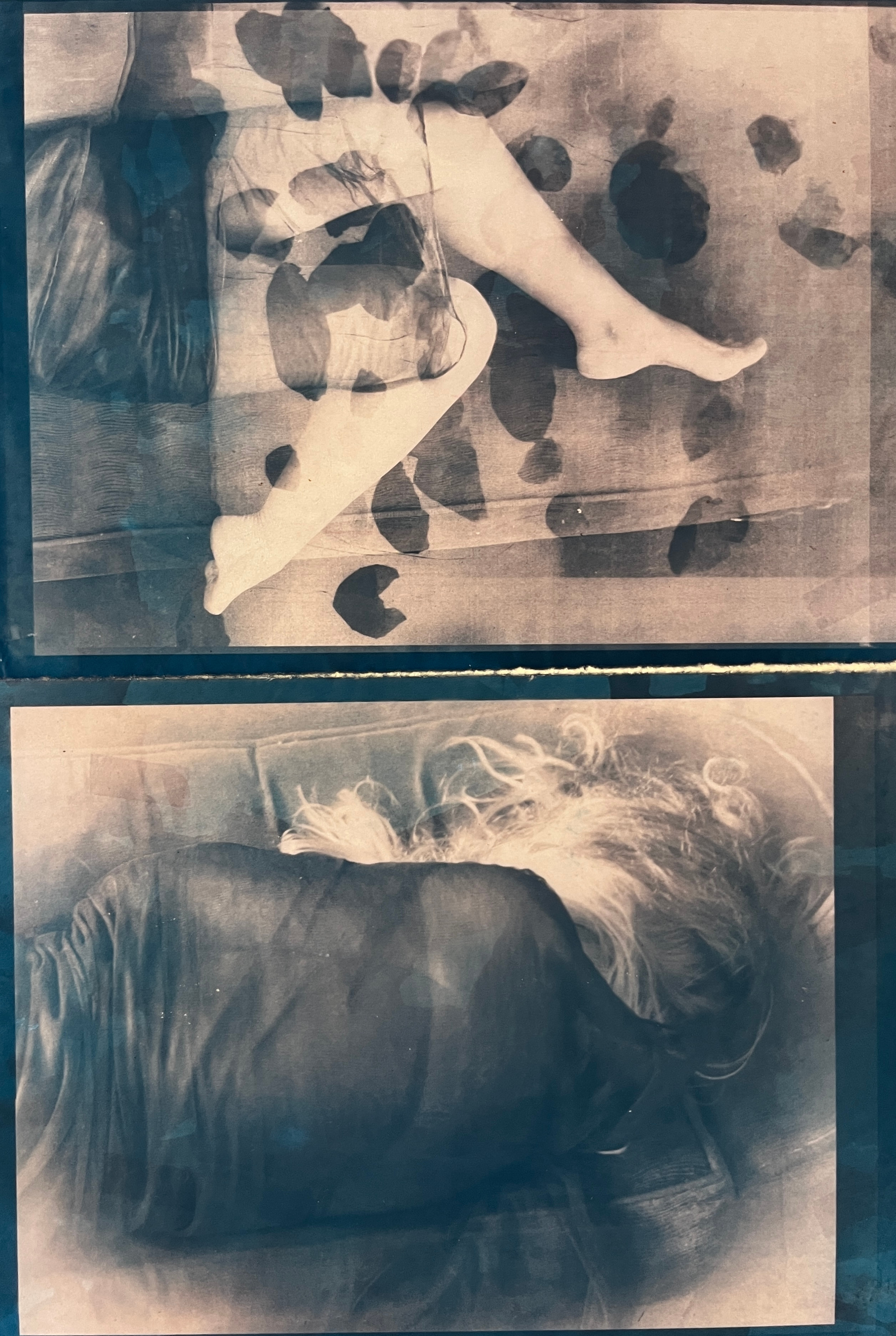 Two vertically arranged photographic body studies with overlapping figures and textures