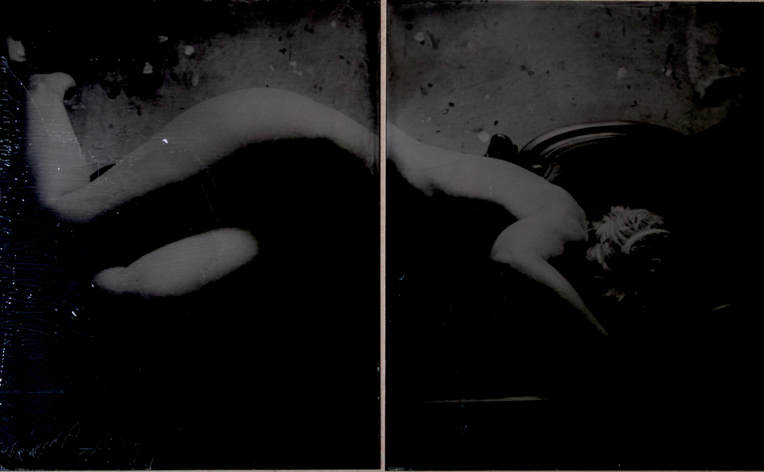 Two dark tintype panels showing pale reclining body forms